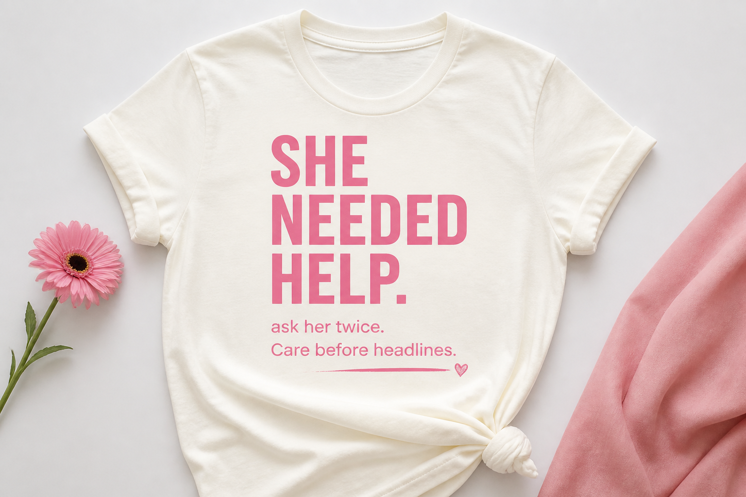 Cream SHE NEEDED HELP t-shirt with pink print